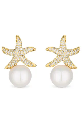 Jon Richard - Orecchini a bottone con stella marina pendente in zirconia cubica e perle